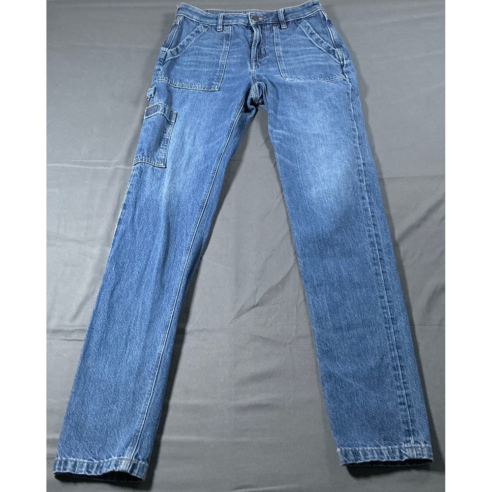 American Eagle Women Carpenter Jeans Blue Straight Leg Utility Pants Sz 2 X-Long